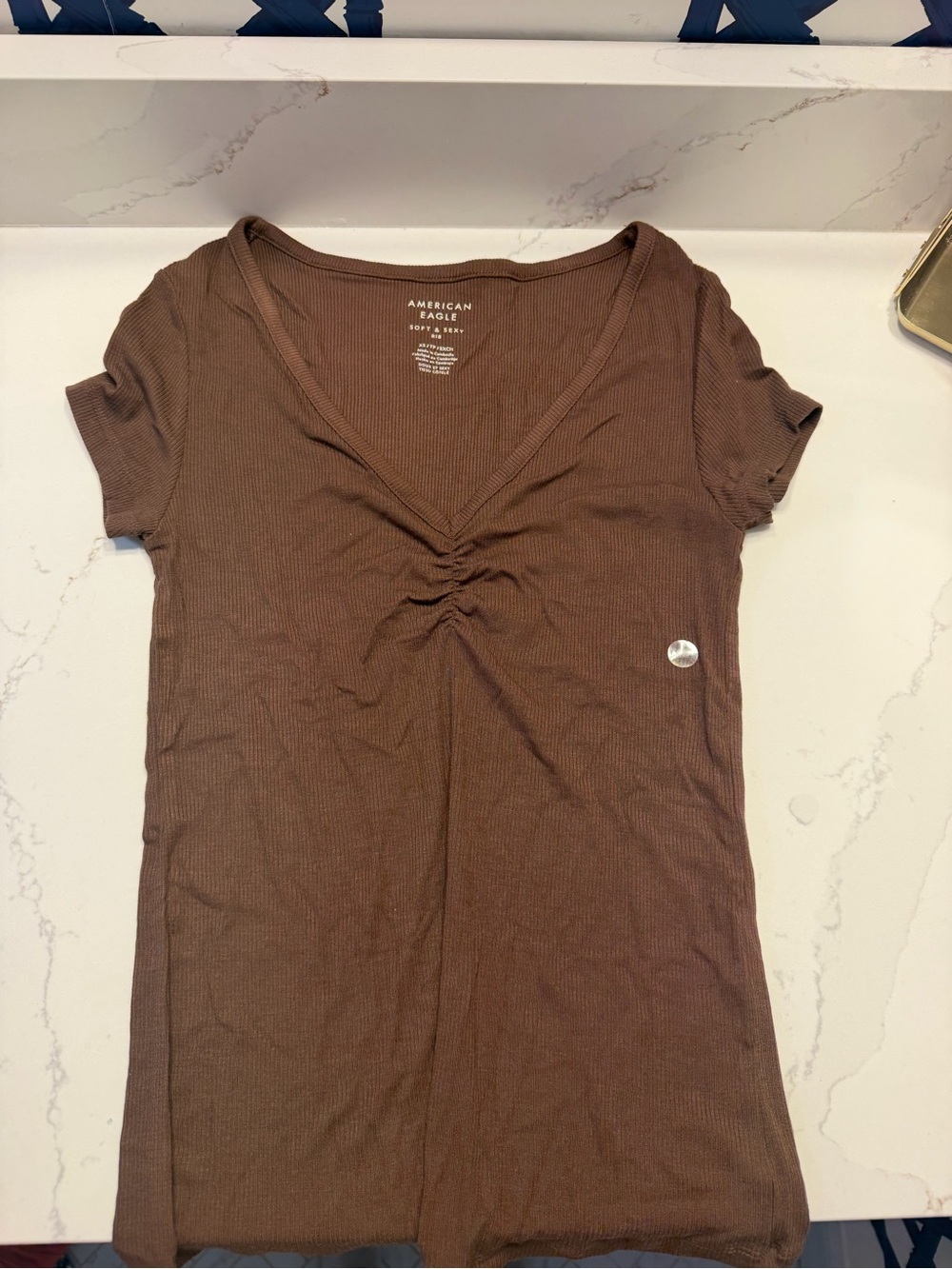 American Eagle Outfitters Chocolate Brown Ruched V-Neck Ribbed Tee